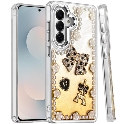 For Samsung Galaxy S25 FE, S25 Fan Edition Bling Fashion Design with 3D Pearls Epoxy Glitter Ornaments Chrome Edge Hard Slim PC Case Cover