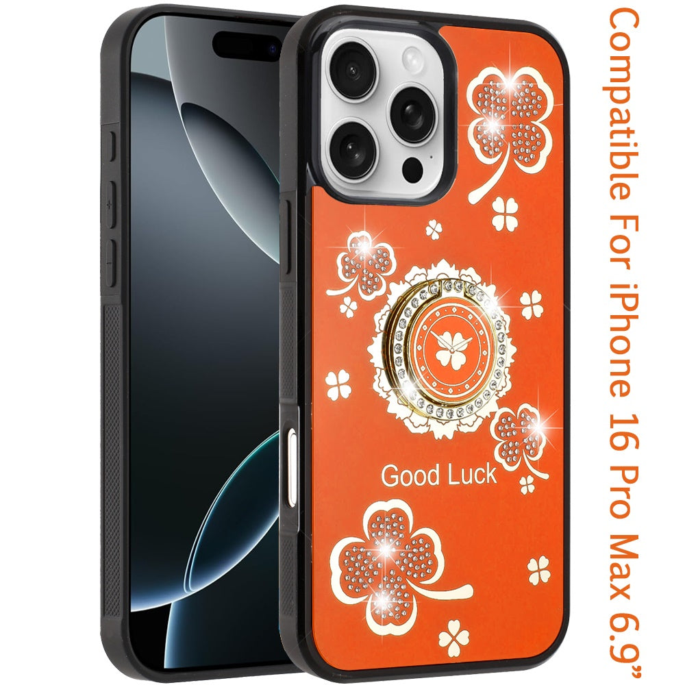 For iPhone 16 Pro Max (6.9") Diamonds 3D Fashion Bling Sparkly Glitter Ornaments Engraving Hybrid with Ring Stand Case Cover