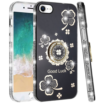 For Apple iPhone 17E /16E Diamonds Bling All Around Edges Sparkly Glitter Hybrid with Ring Stand Holder Fashion Good Luck Case Cover