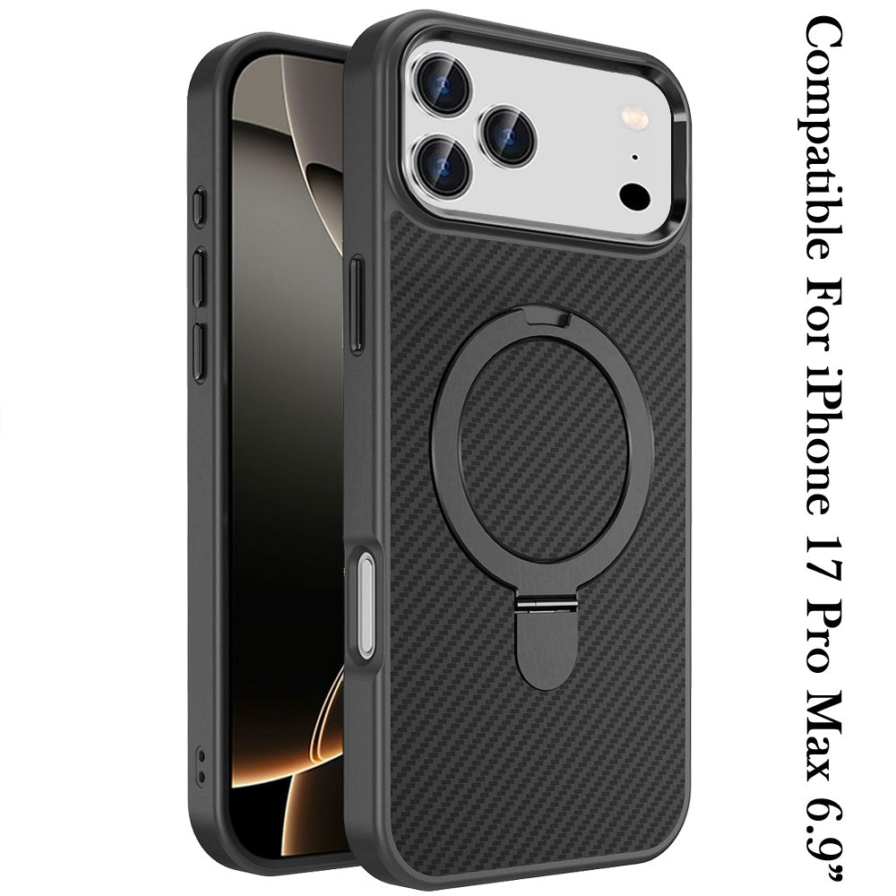 For Apple iPhone 17 Pro Max (6.9") Hybrid Carbon Fiber Design with MagSafe Compatible [Magnetic Circle], Ring Stand Shockproof Slim TPU Case Cover Black