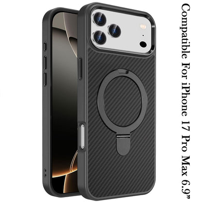 For Apple iPhone 17 Pro Max (6.9") Hybrid Carbon Fiber Design with MagSafe Compatible [Magnetic Circle], Ring Stand Shockproof Slim TPU Case Cover Black
