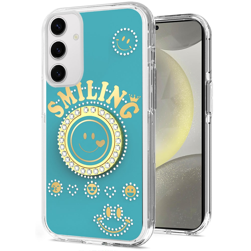 For Samsung Galaxy S25+ /S25 Plus /S24+ Plus Smiling Glitter Ornament Bling Sparkle with Ring Stand Hybrid Slim TPU + Hard Back Shell Case Cover