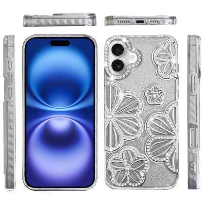 For Apple iPhone 17 (6.3") Luxury Flower Design Sparkle Glitter Diamond Rhinestone Shimmer Bling Plating Thick TPU Hard PC Case Cover
