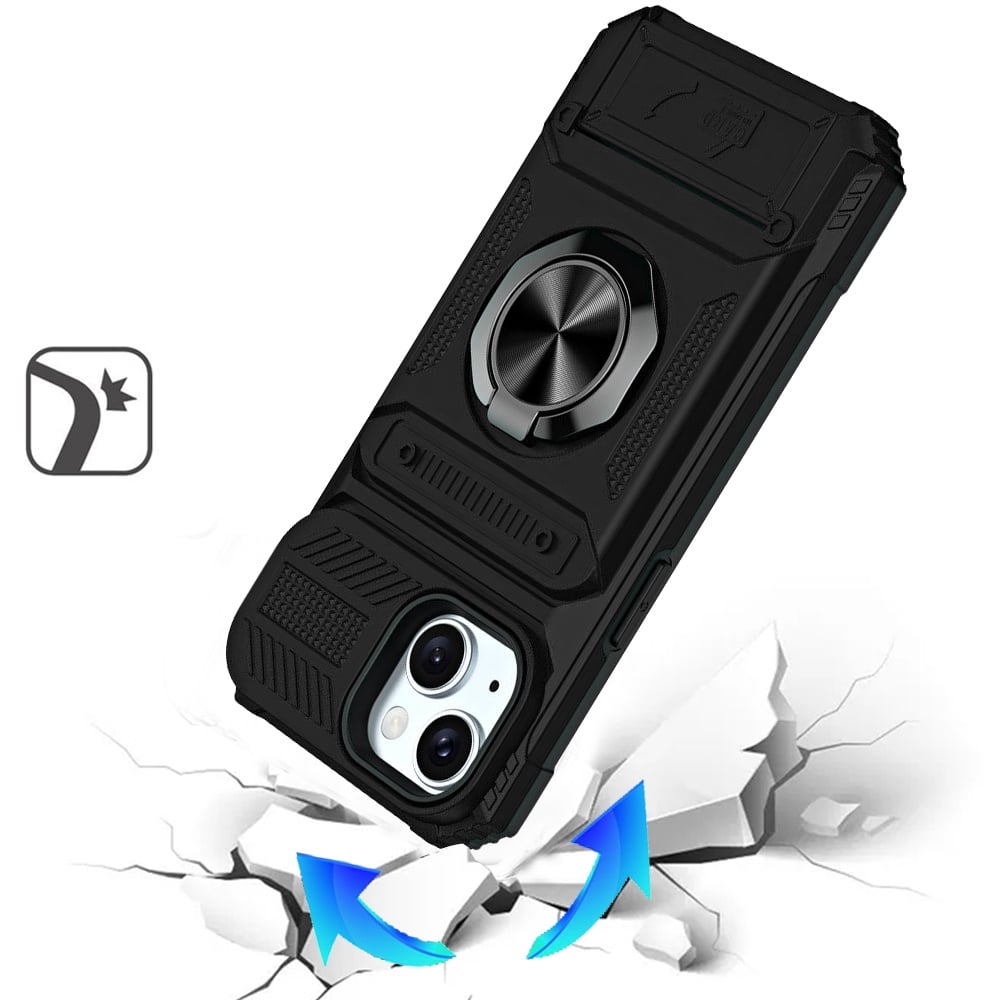 Phone Case for iPhone 15 (6.1") Multi Functional Card Slot Shockproof Metal Ring Hybrid Wallet Rugged Protective Grip Heavy Duty Durable Cover Black