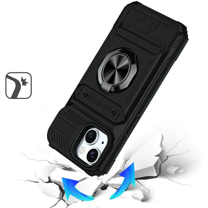 Phone Case for iPhone 15 (6.1") Multi Functional Card Slot Shockproof Metal Ring Hybrid Wallet Rugged Protective Grip Heavy Duty Durable Cover Black
