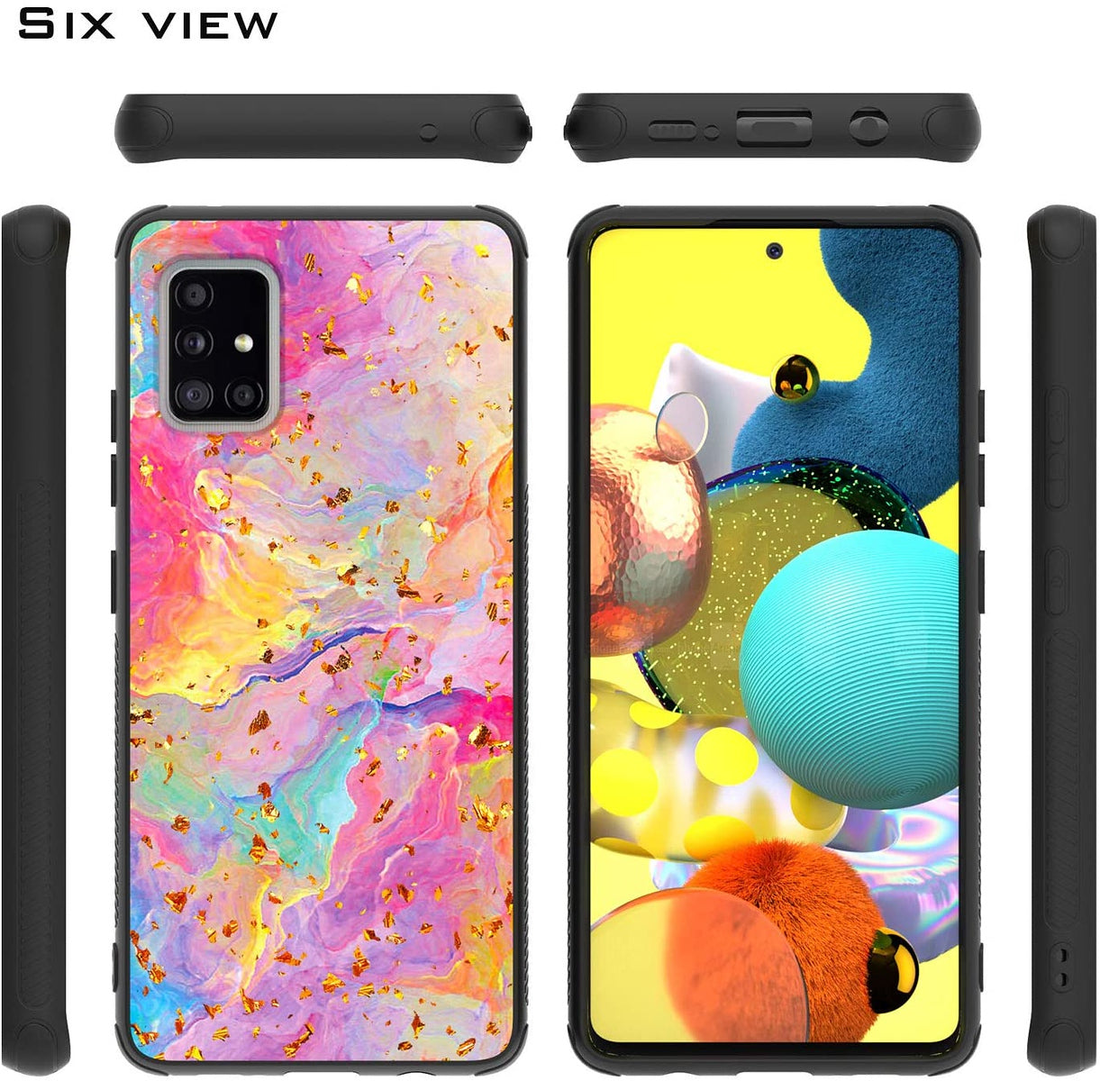 For Apple iPhone 15 Pro (6.1") Marble Fashion Stylish Flake Glitter Bling Hybrid Glossy TPU Rubber Hard PC Protection Marble Colorful Rainbow Phone Case Cover