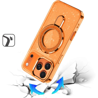For Apple iPhone 17 Pro (6.3") Transparent Glitter Bling Case with Rotating Magnetic Ring Stand, Shockproof Hybrid Case Cover