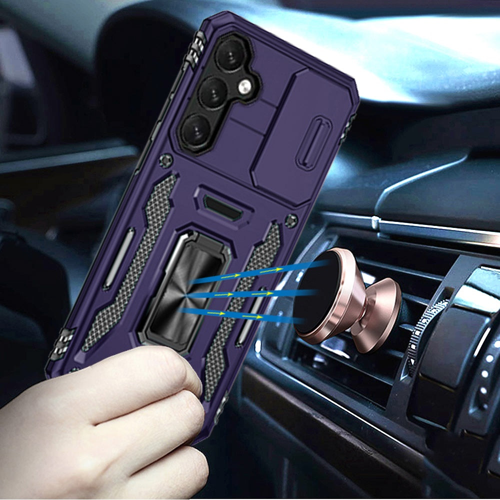 For Samsung Galaxy S25 FE, S25 Fan Edition Tough Hybrid Case with Movable Camera Window & Metal Ring Stand Shockproof Case Cover Dark Purple
