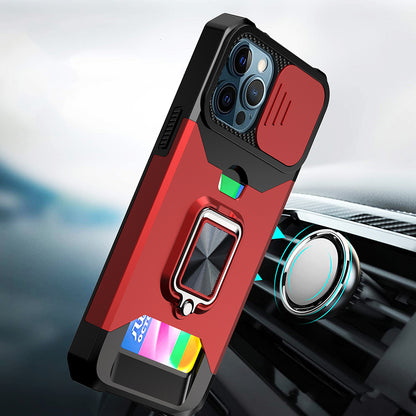 For Apple iPhone SE 3 (2022) SE/8/7 Wallet Case with Ring Stand & Slide Camera Cover Back Credit Card Slot Holder, Military Grade Case Cover Red