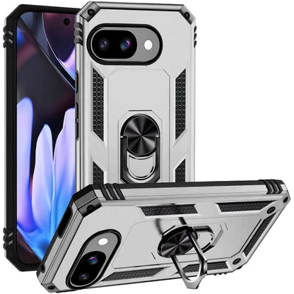 For Google Pixel 9A Hybrid Shockproof Durable 360 Degree Rotatable Ring Stand Holder Kickstand Fit Magnetic Car Mount Case Cover Silver