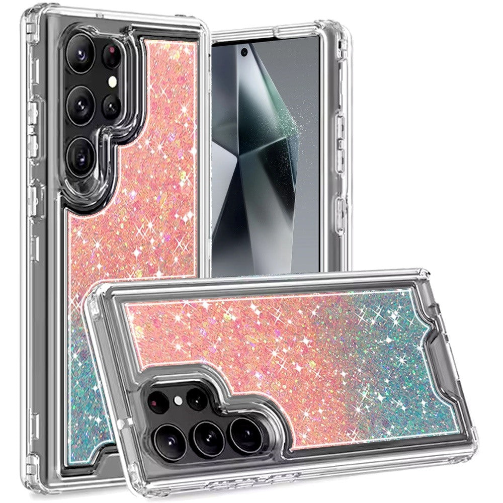 For Apple iPhone 17E /16E Epoxy Bling Glitter Sparkly 3-in-1 Transparent Hybrid Full-Body Shockproof PC Bumper Case Cover Pink + Blue