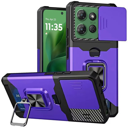 For Motorola Moto G 5G /Moto G 2025 Wallet Case with Ring Stand & Slide Camera Cover Back Credit Card Slot Holder, Military Grade Case Cover Purple