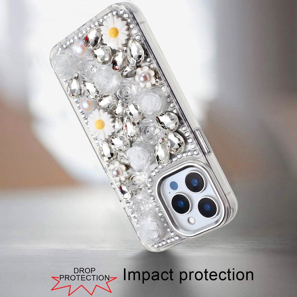 For Apple iPhone 13 Pro Max Fashion Daisy Floral Series, Full 3D Bling Crystal Diamonds Sparkling Rhinestone Glitter Hybrid Design Case Cover Silver
