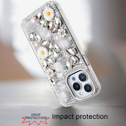 For Apple iPhone 13 Pro Max Fashion Daisy Floral Series, Full 3D Bling Crystal Diamonds Sparkling Rhinestone Glitter Hybrid Design Case Cover Silver