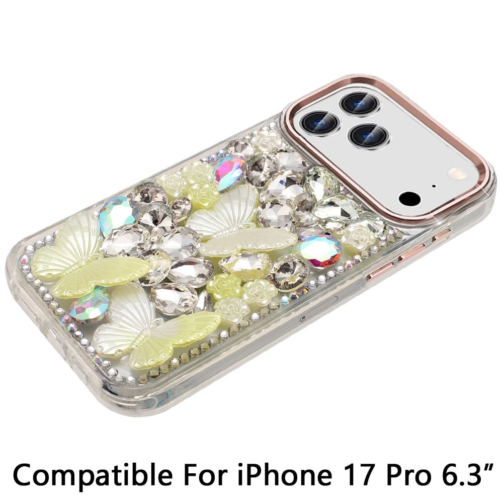 For Apple iPhone 17 Pro (6.3") 3D Diamond Floral Butterfly Bling Stone Hybrid, Sparkly Rhinestone Gemstone Back Shockproof Case Cover Rose Gold