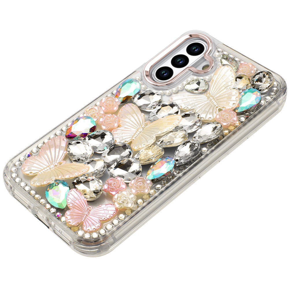 For Samsung Galaxy S25+ /S25 Plus /S24+ Plus 3D Diamond Floral Butterfly Bling Stone Hybrid, Sparkly Rhinestone Gemstone Back Shockproof Case Cover