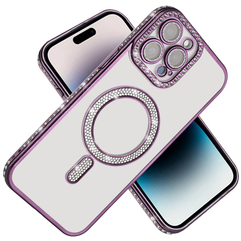 For Apple iPhone 15 Pro Max Bling Case with Diamond Magnetic Circle, Transparent Slim Shockproof Hybrid Slim Fit Case Cover