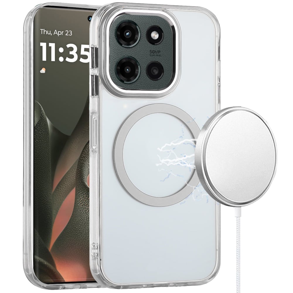 For Motorola Edge 2025 Transparent Back Hybrid Case - Magnetic Circle, Color Frame, Metal Buttons, MagSafe Compatible Case Cover Clear