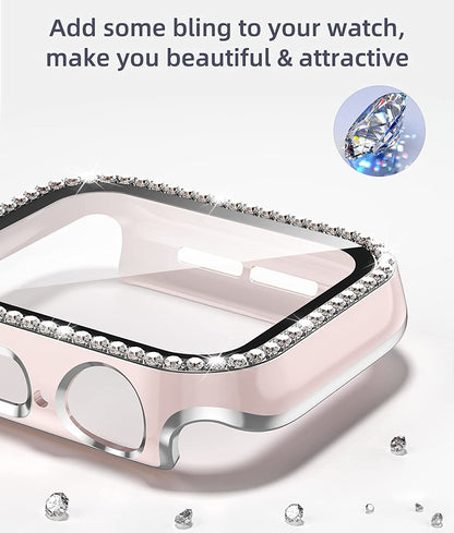 For Apple Watch Size 45mm Luxury Bling Cover Diamond Electroplate Rhinestone Bumper Protective Frame with Tempered Glass Screen Protector Case Cover Clear
