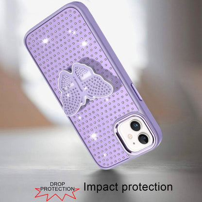 For Apple iPhone 15 Butterfly Moveable Grip 3D Pop Stand Full Diamond Bling Sparkling TPU Fashion Hybrid Case Cover