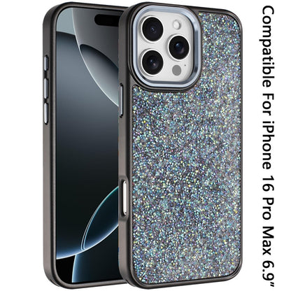 For iPhone 16 Pro Max (6.9") Crystal Sparkle Diamond Glass Full Mini Glitter Bling Frame TPU Hybrid Protective Case Cover