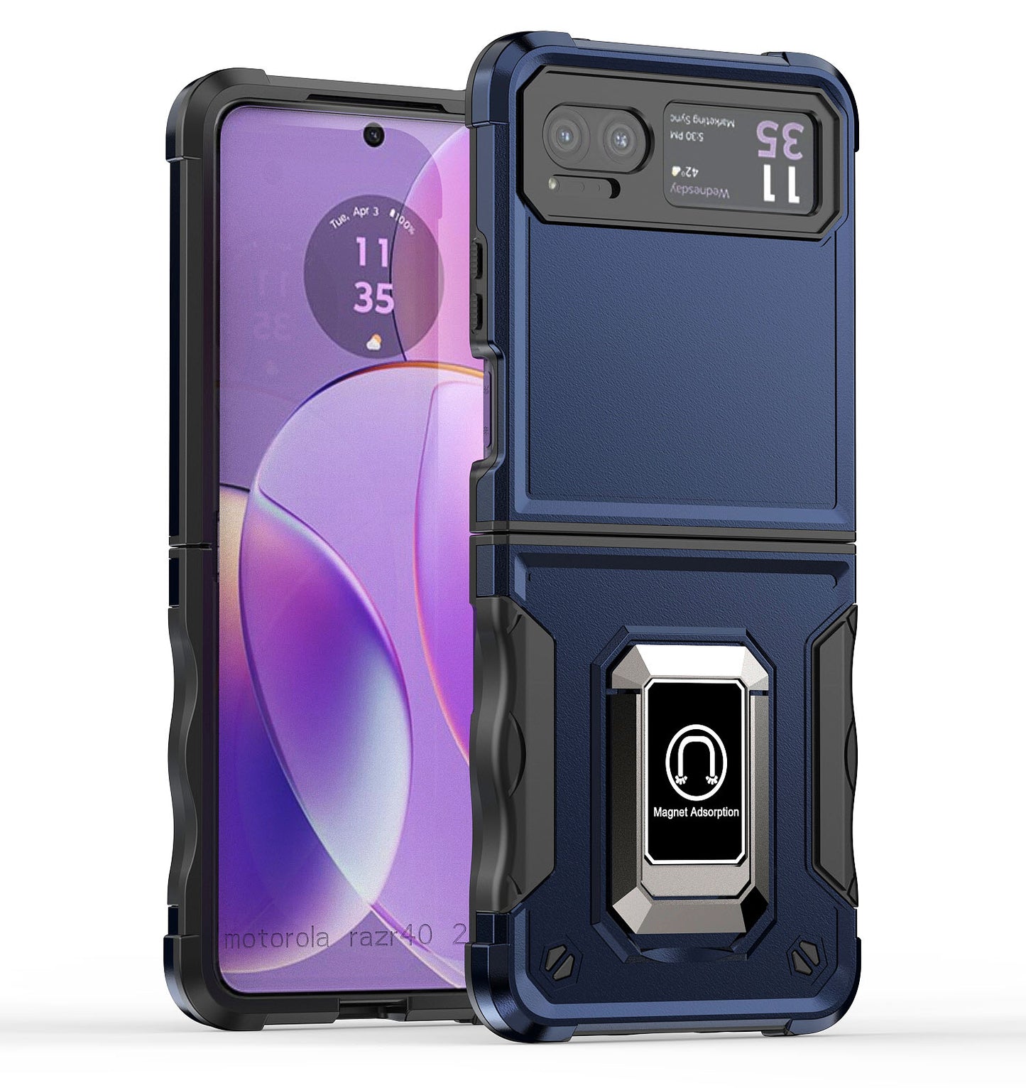 For Motorola Razr 2023 Hybrid Stand Magnetic Ring Holder Kickstand Heavy Duty Rugged Drop Silicone & Hard PC Shockproof Case Cover Blue