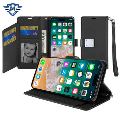 For Apple iPhone 16 (6.1") Premium Leather Wallet with Credit Card ID Slots Cash Holder Duo Flip Pouch Stand and Strap Case Cover