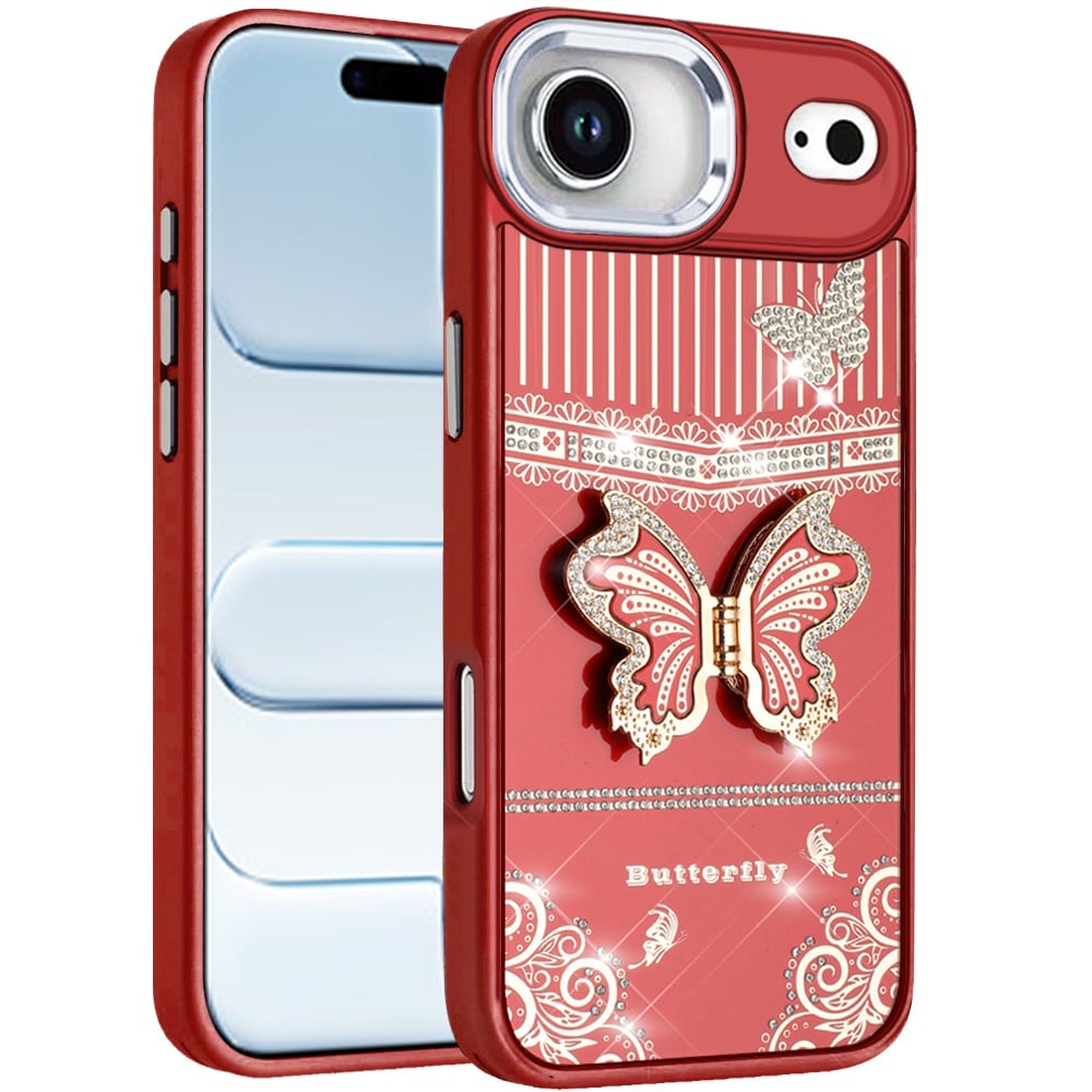 For Apple iPhone 17 Air (6.6") Glitter 3D Butterfly Design Bling Metallic Edge Hybrid Stand Drop Protection TPU Shockproof Case Cover