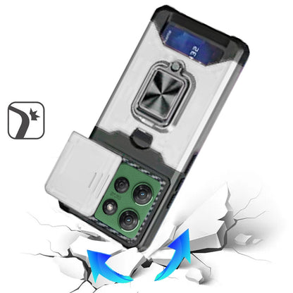 For Motorola Moto G 5G /Moto G 2025 Wallet Case with Ring Stand & Slide Camera Cover Back Credit Card Slot Holder, Military Grade Case Cover Silver