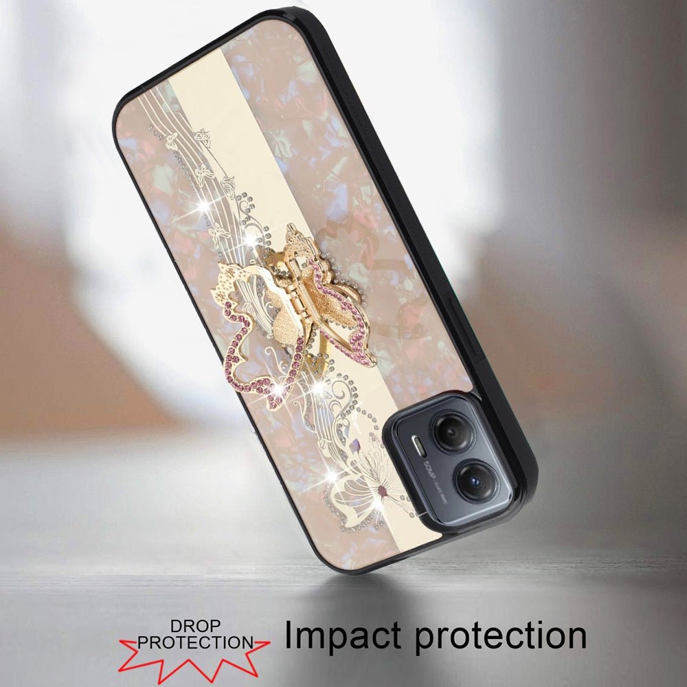For Samsung Galaxy A06 Diamonds 3D Butterfly Bling Sparkly Glitter Ornaments Engraving Hybrid with Ring Stand Fashion Case Cover Enchanted Butterfly Gold