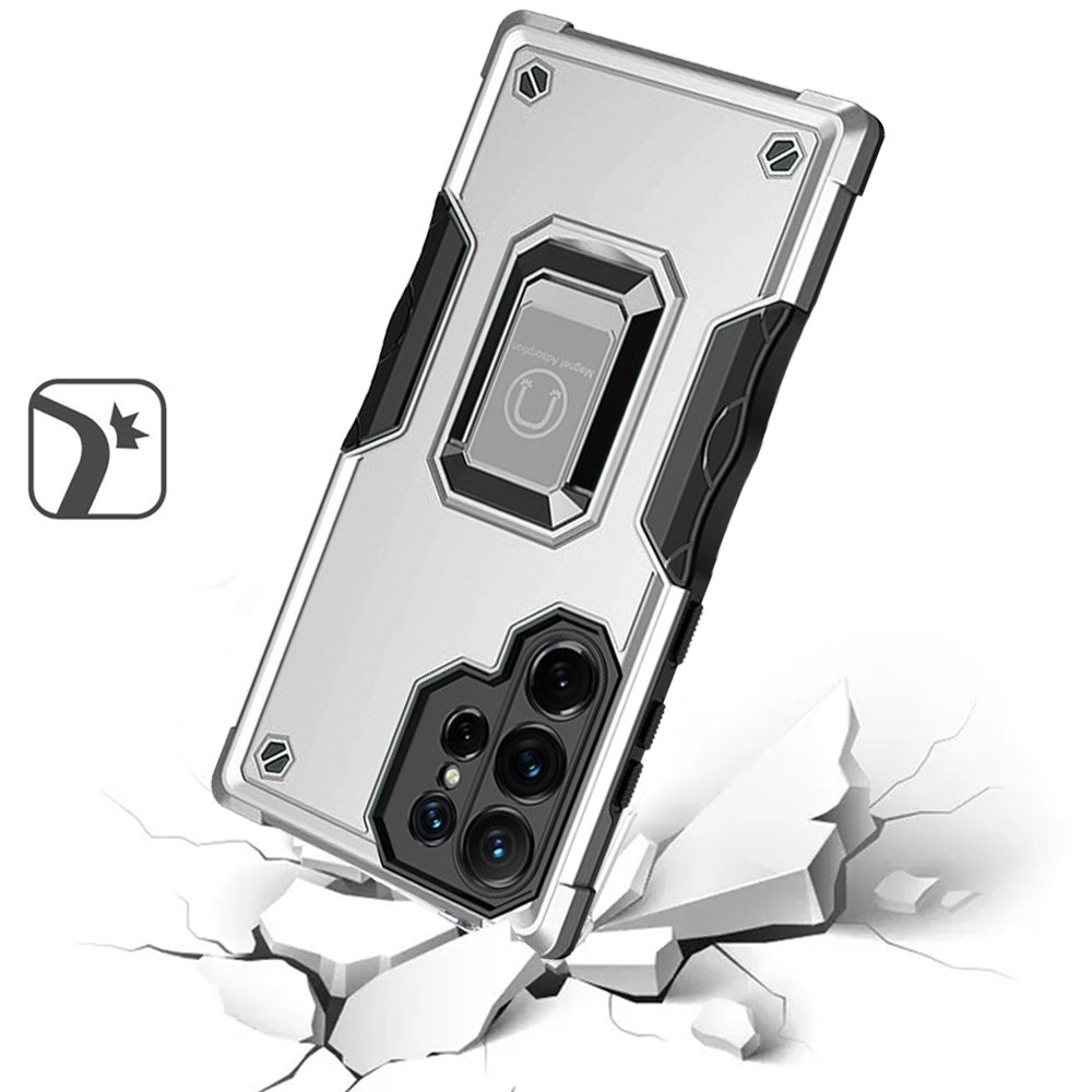 Phone Case for Samsung Galaxy S23 Ultra Shockproof Magnetic Ring Stand Hybrid Kickstand Armor 360 Rotation Anti-Slip Grip Military Grade Drop Resist Cover Silver