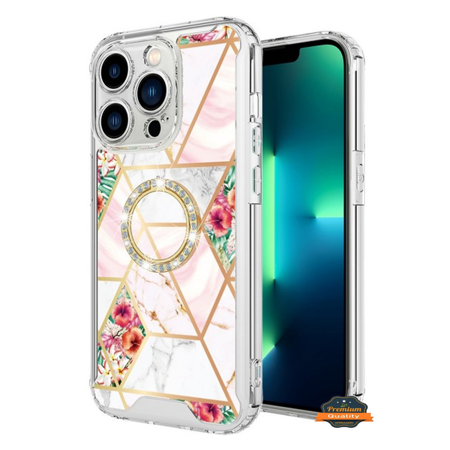 For Apple iPhone 15 Pro (6.1") Fashion Design Pattern Hybrid Ring Kickstand Bling Diamond Hard TPU Protective  Phone Case Cover