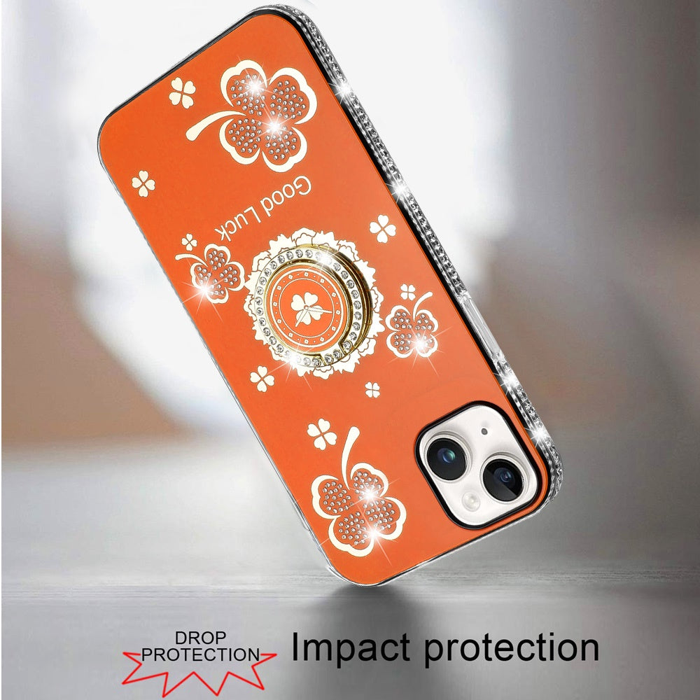 For Apple iPhone 15 Diamonds Bling All Around Edges Sparkly Glitter Hybrid with Ring Stand Holder Fashion Good Luck Case Cover Cosmic Orange
