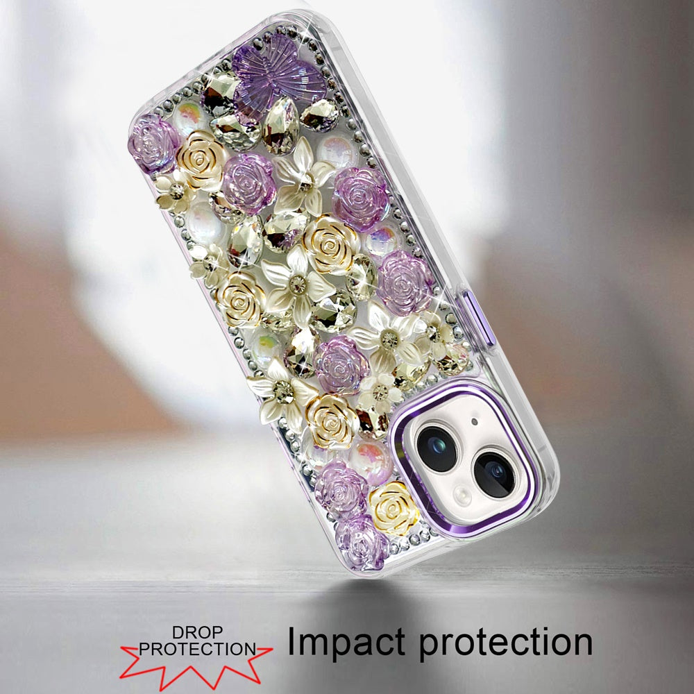 For Samsung Galaxy S26 Ultra 3D Diamond Floral Roses Flower Bling Stone Hybrid, Sparkly Rhinestone Gemstone Back Shockproof Case Cover Purple