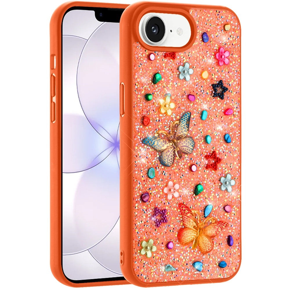 Phone Case for Apple iPhone 17E /16E 3D Butterfly Diamond Bling Glitter Shockproof Stylish Protective Luxury Hybrid Sparkly Durable Grip Design Cover Cosmic Orange