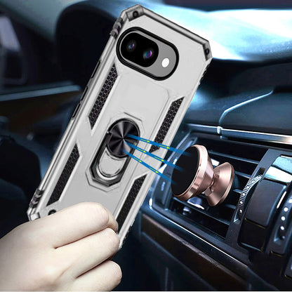 For Google Pixel 9A Hybrid Shockproof Durable 360 Degree Rotatable Ring Stand Holder Kickstand Fit Magnetic Car Mount Case Cover Silver