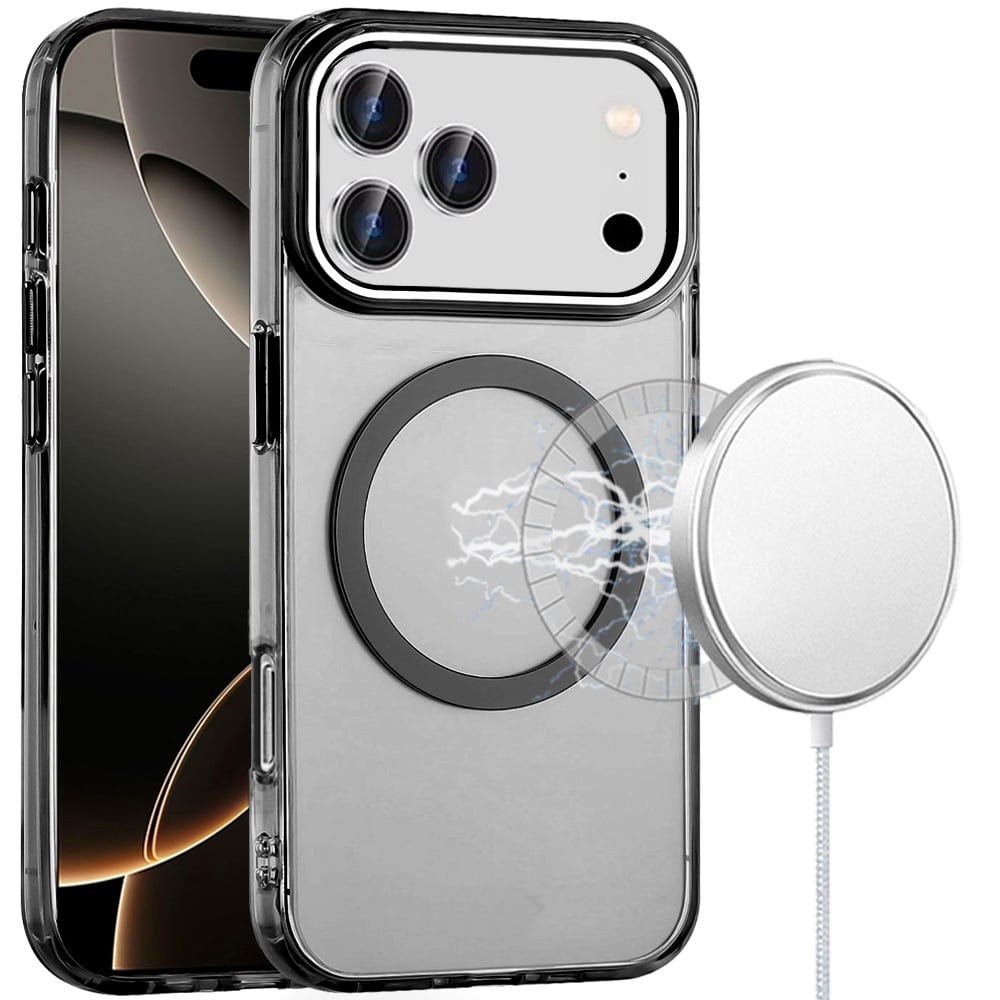 For Apple iPhone 17 Pro (6.3") Transparent Back Hybrid Case - Magnetic Circle, Color Frame, Metal Buttons, MagSafe Compatible Case Cover