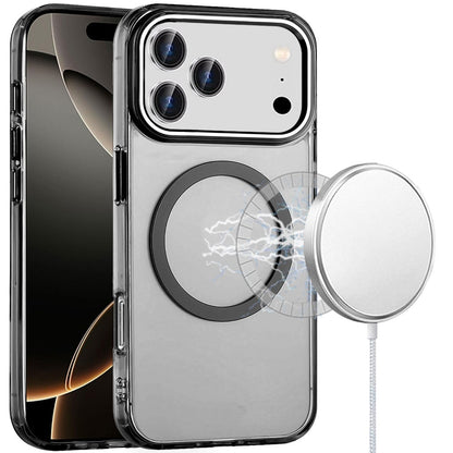 For Apple iPhone 17 Pro (6.3") Transparent Back Hybrid Case - Magnetic Circle, Color Frame, Metal Buttons, MagSafe Compatible Case Cover