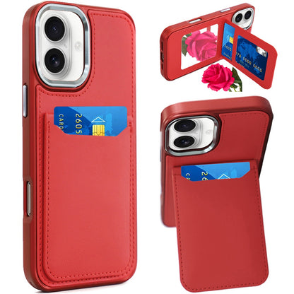 For Apple iPhone 17 (6.3") PU Leather Wallet Cover with Credit Card Holder, Kickstand & Mirror Inside Slim Fit TPU & PC Hybrid Design Case Cover