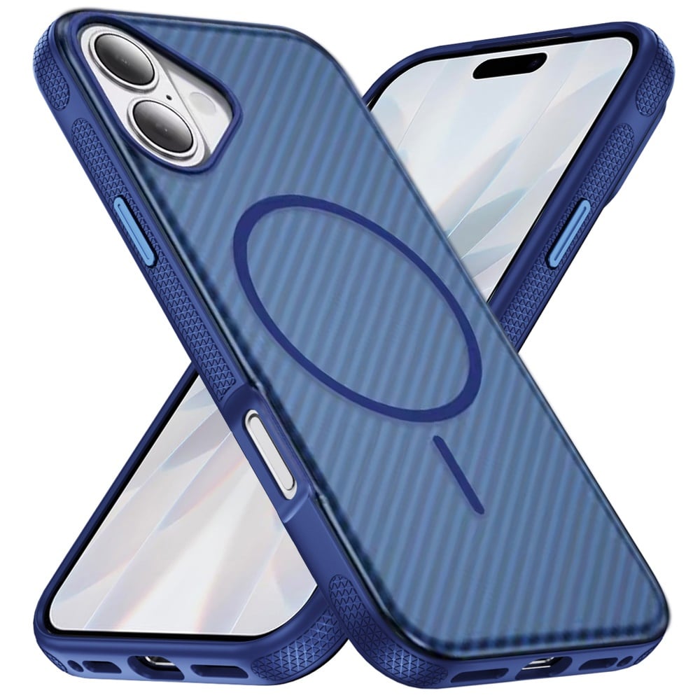 Phone Case for Apple iPhone 17 Shockproof Magnetic Carbon Fiber Texture Metallic Button Rugged Grip Anti Fingerprint Heavy Duty Hybrid Armor Cover Blue