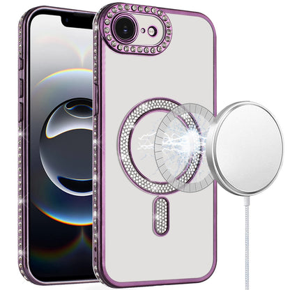 For Apple iPhone 16e Bling Case with Diamond Magnetic Circle, Transparent Slim Shockproof Hybrid Slim Fit Case Cover