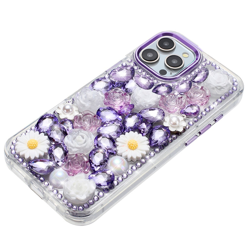 For Apple iPhone 14 /13 Fashion Daisy Floral Series, Full 3D Bling Crystal Diamonds Sparkling Rhinestone Glitter Hybrid Design Case Cover Purple