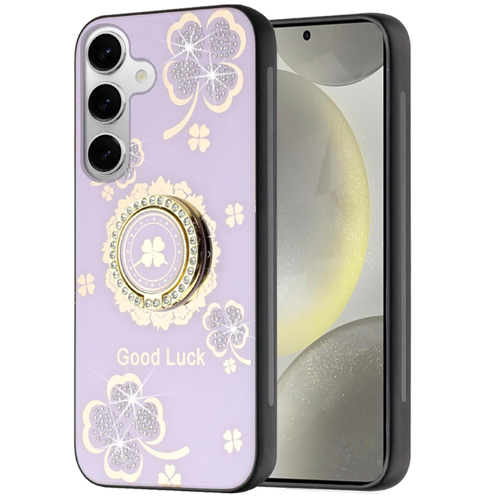 For Samsung Galaxy S20 Diamonds 3D Fashion Floral Bling Sparkly Glitter Ornaments Engraving Hybrid with Ring Stand Case Cover Purple Good Luck Floral