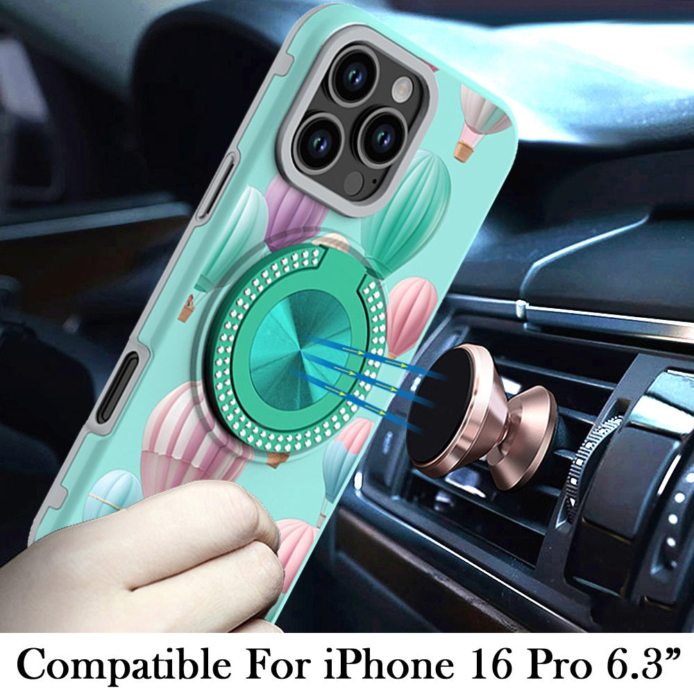For Apple iPhone 16 Pro Pattern Design Hybrid with Invisible Ring Stand & Magnetic Back, Shockproof Protective Grip Case Cover
