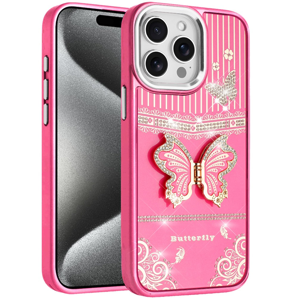 Phone Case for iPhone 15 Pro Max (6.7") Glitter Bling Butterfly Stand Metallic Edge Hybrid Shockproof Grip Durable Camera Protection Stylish Design Cover