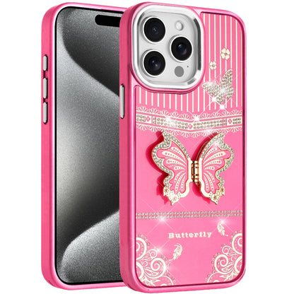 Phone Case for iPhone 15 Pro Max (6.7") Glitter Bling Butterfly Stand Metallic Edge Hybrid Shockproof Grip Durable Camera Protection Stylish Design Cover