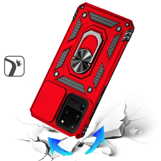 For Samsung Galaxy S20 Ultra Hybrid Ring Shockproof with 360° Rotate Ring Kickstand, Camera Lens Protection, Soft Edge Bumper Case Cover Red