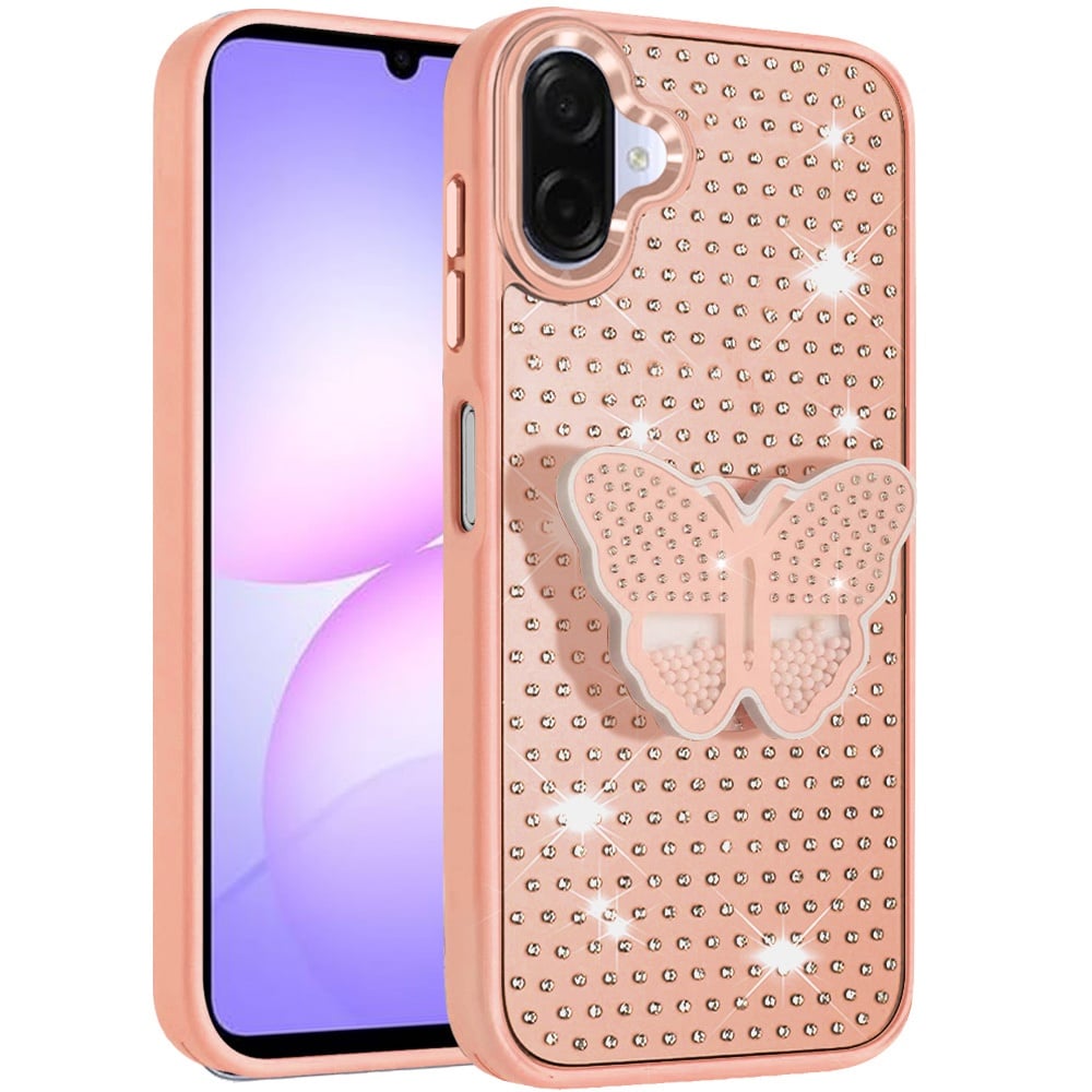 For Samsung Galaxy A07 Butterfly Moveable Grip 3D Pop Stand Full Diamond Bling Sparkling TPU Fashion Hybrid Case Cover