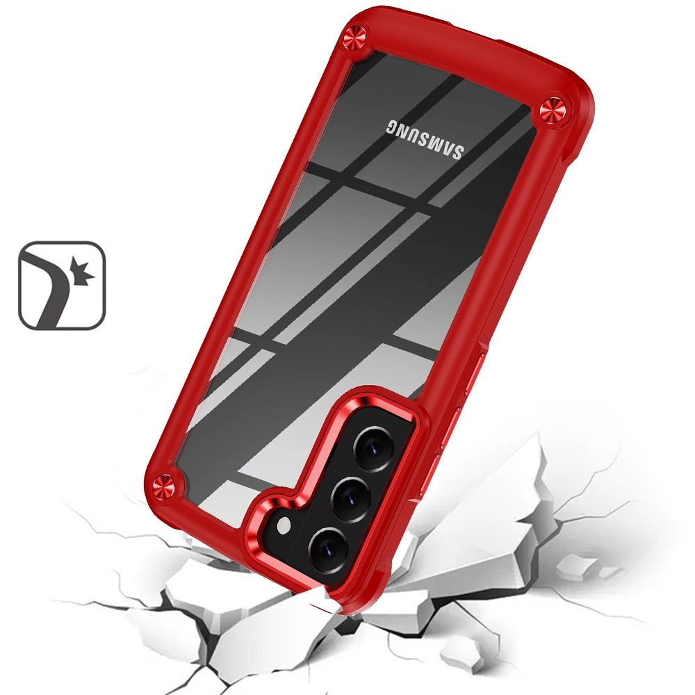 For Samsung Galaxy S22 Hybrid Transparent Rubber with Metal Buttons & Camera Edges Hard TPU Corner Frame Bumper Case Cover