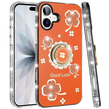 For Apple iPhone 17 (6.3") Diamonds Bling All Around Edges Sparkly Glitter Hybrid with Ring Stand Holder Fashion Good Luck Case Cover